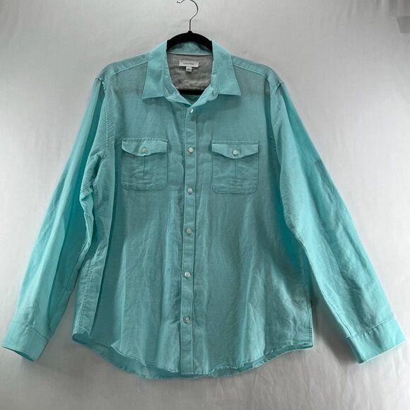 Calvin Klein Button Up Shirt Mens L Long Sleeve Roll Tab Linen Cotton Aqua Blue - Picture 1 of 14